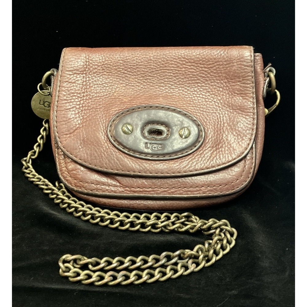 UGG Australia Brown Leather Crossbody Purse Bag Antiqued Brass Chain No Clasp